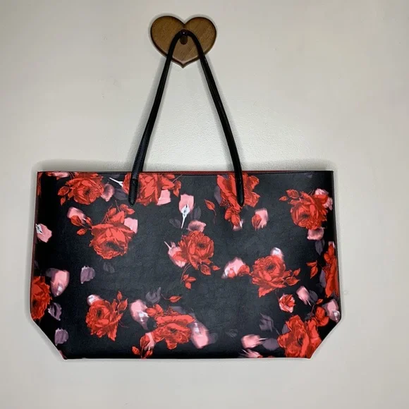 Victoria’s Secret | Large Black Leather Red & Pink Floral Tote Bag  Romantic NWT - Picture 6 of 8
